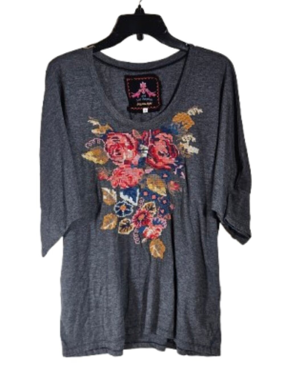 Johnny Was Gray Shirt With Floral Cross Stitch Women's Size Large JW Los Angeles